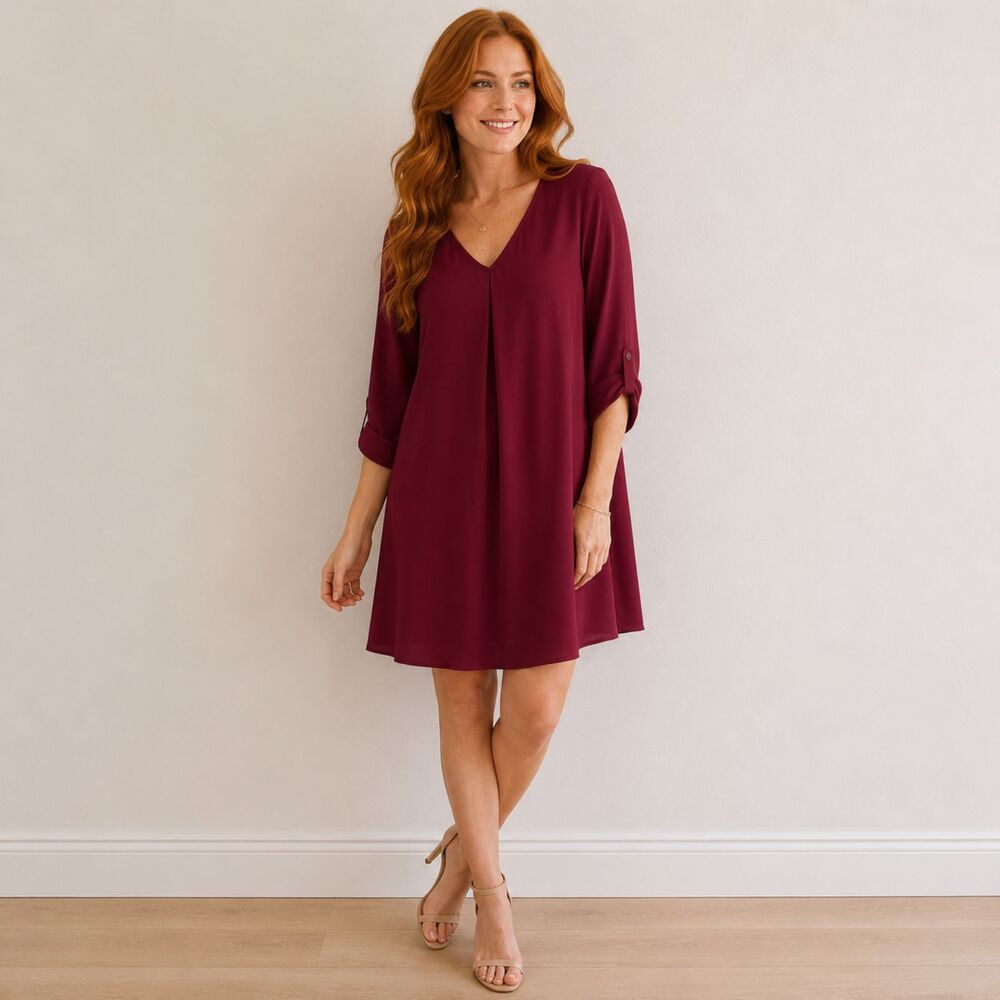 Decree Maroon V Neck Lined Dress 3/4 Roll Tab Sleeves